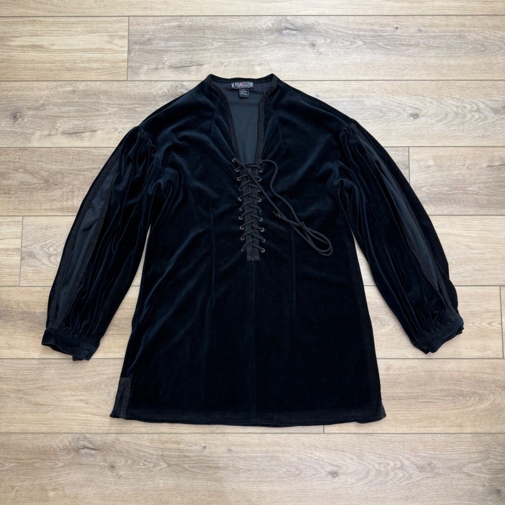 Pyramid Collection Black Velvet Lace Up Tunic Top XL Goth Medieval Boho Vintage